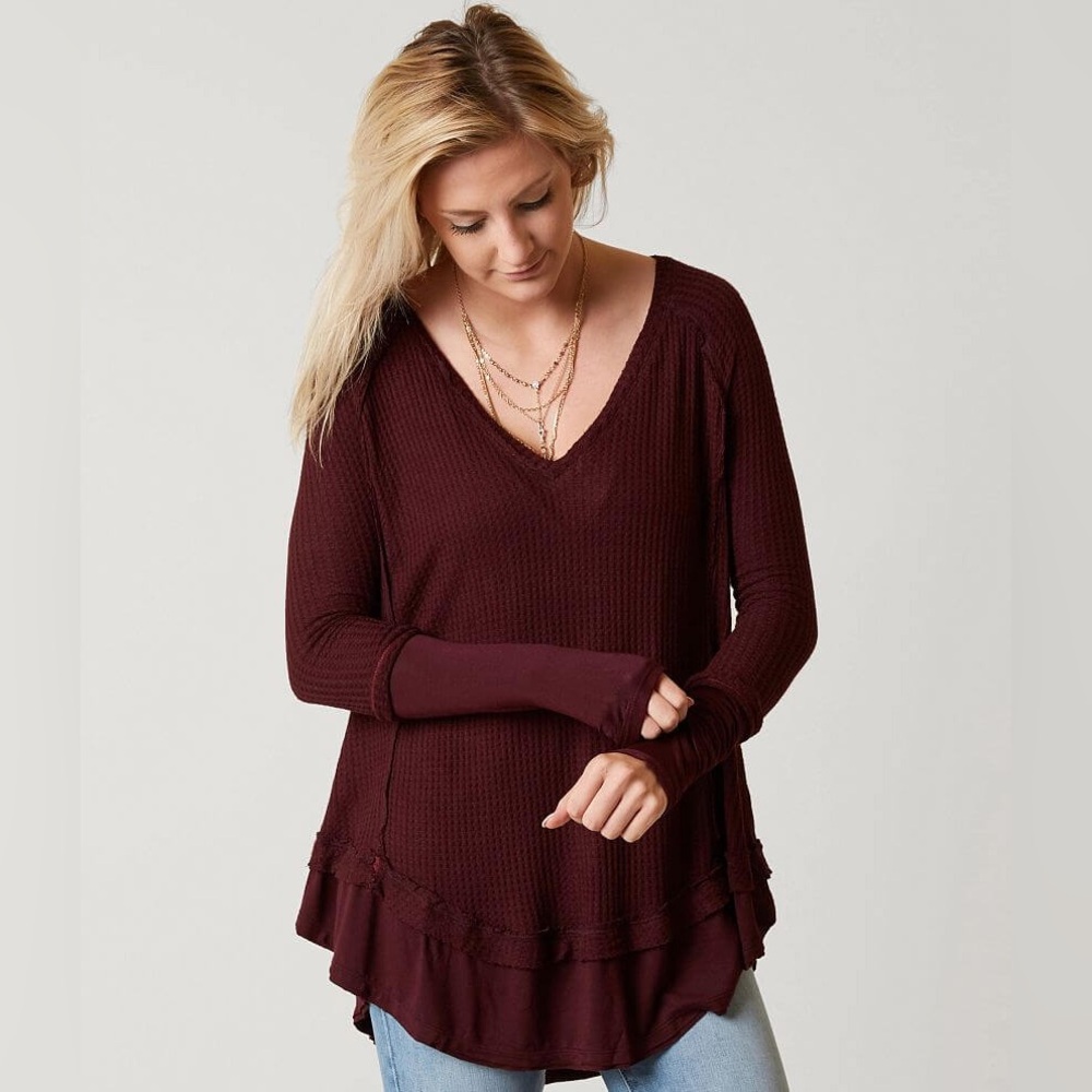 We The Free Laguna Thermal Top Deep Burgundy V-Neck Layered Boho Knit Top Med